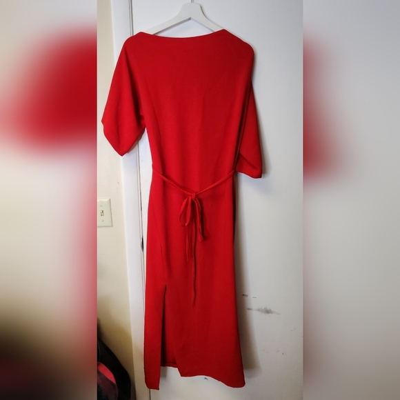 Zara ZW Collection Red Belted Long Dress Wide Neck Side Slit Size XS - Picture 2 of 16